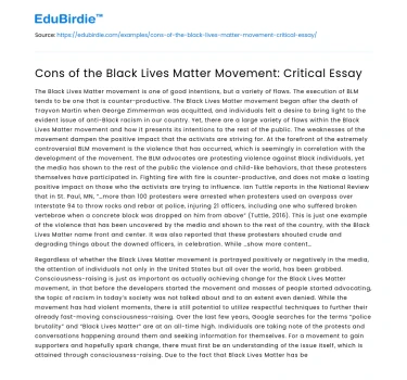 Cons of the Black Lives Matter Movement: Critical Essay