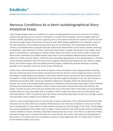 Nervous Conditions As a Semi-autobiographical Story: Analytical Essay