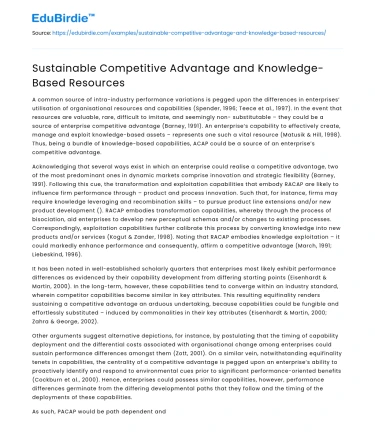 Sustainable Competitive Advantage and Knowledge-Based Resources