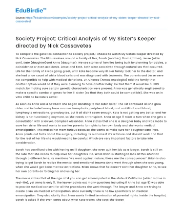 Critical Analysis: My Sister’s Keeper by Nick Cassavetes