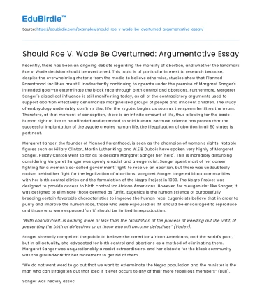 Should Roe V. Wade Be Overturned: Argumentative Essay