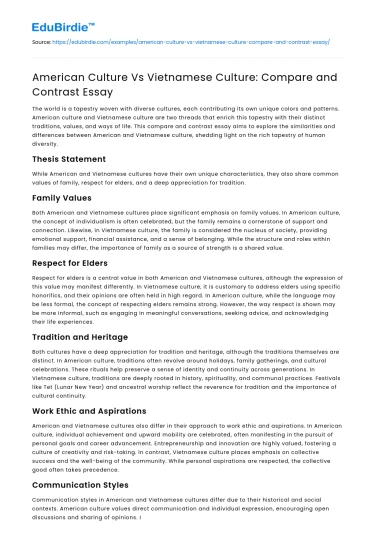 American Culture Vs Vietnamese Culture: Compare and Contrast Essay