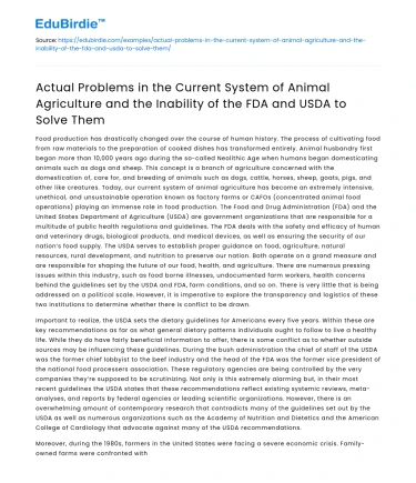 Issues in Animal Agriculture & FDA/USDA Ineffectiveness
