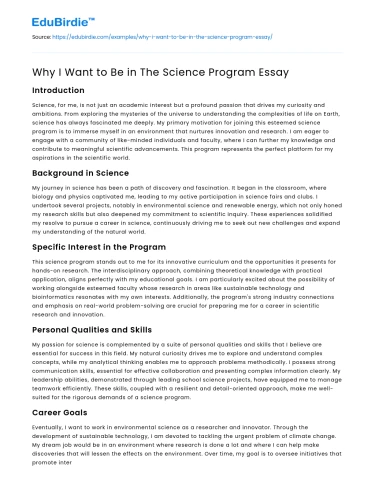 Why I Want to Be in The Science Program Essay