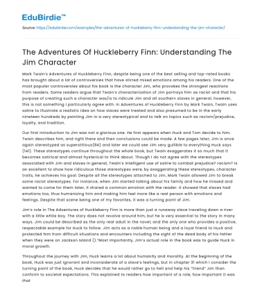 The Adventures Of Huckleberry Finn: Understanding The Jim Character