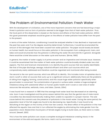 The Problem of Environmental Pollution: Fresh Water