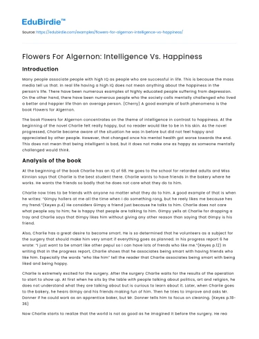 Flowers For Algernon: Intelligence Vs. Happiness