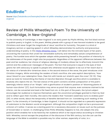 Phillis Wheatley’s Poem ‘To the University of Cambridge’ Review