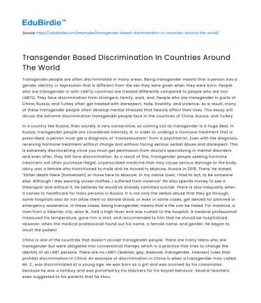 Transgender Based Discrimination In Countries Around The World