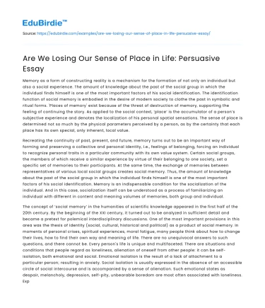 Are We Losing Our Sense of Place in Life: Persuasive Essay