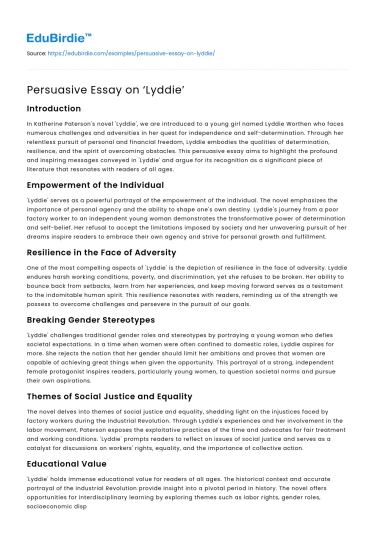 Persuasive Essay on ‘Lyddie’