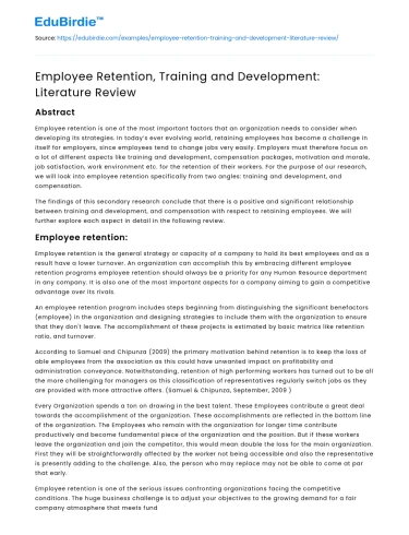 Employee Retention, Training and Development: Literature Review