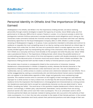 Personal Identity In Othello And The Importance Of Being Earnest