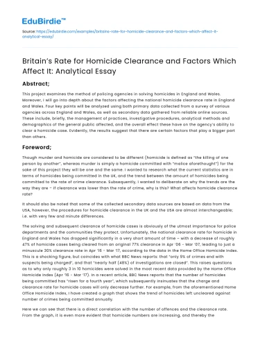 Factors Affecting Britain’s Homicide Clearance: An Analysis