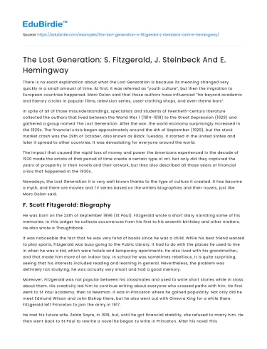 The Lost Generation: S. Fitzgerald, J. Steinbeck And E. Hemingway