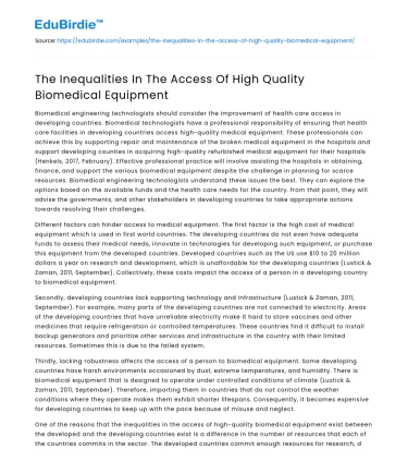 The Inequalities In The Access Of High Quality Biomedical Equipment