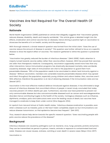 Vaccines Are Not Required For The Overall Health Of Society