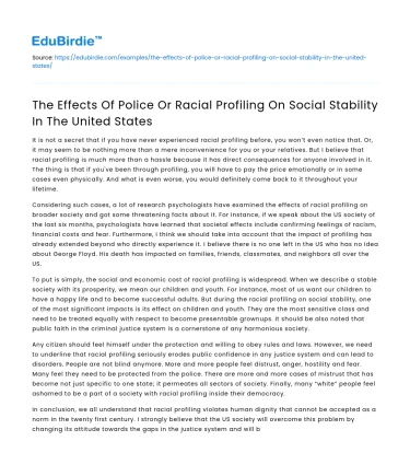 Impact of Police/Racial Profiling on US Social Stability