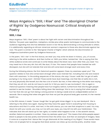 Critical Analysis of Maya Angelou and Oodgeroo Noonuccal’s Poetry