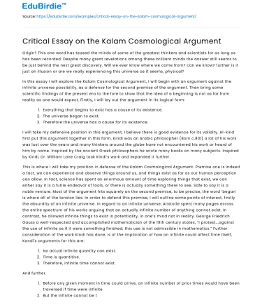Critical Essay on the Kalam Cosmological Argument