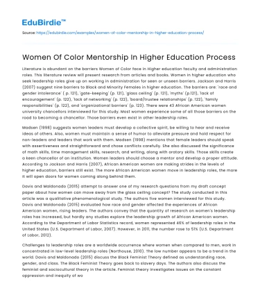 Women Of Color Mentorship In Higher Education Process
