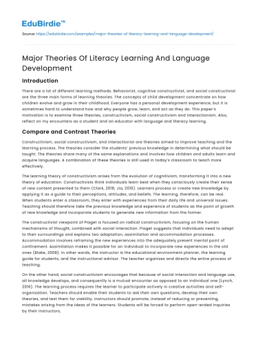 Major Theories Of Literacy Learning And Language Development