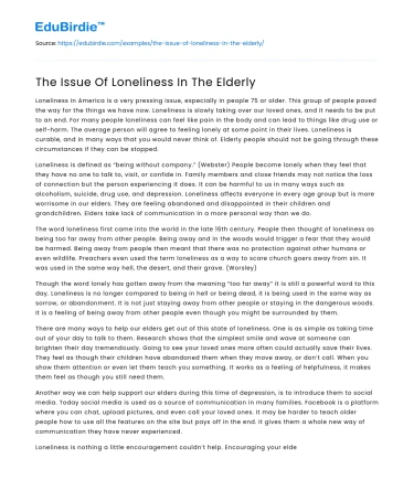 The Issue Of Loneliness In The Elderly