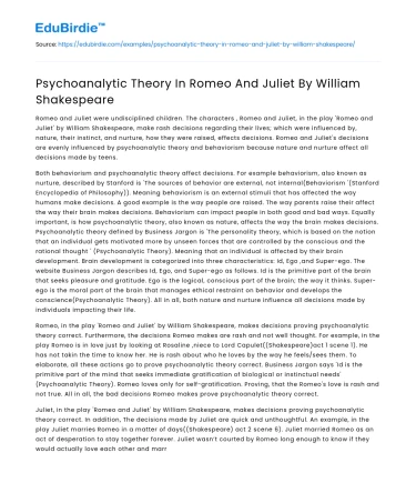 Psychoanalytic Theory In Romeo And Juliet By William Shakespeare