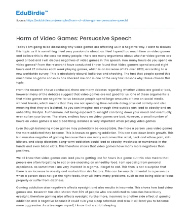 Harm of Video Games: Persuasive Speech