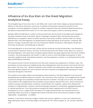 Influence of Ku Klux Klan on the Great Migration: Analytical Essay