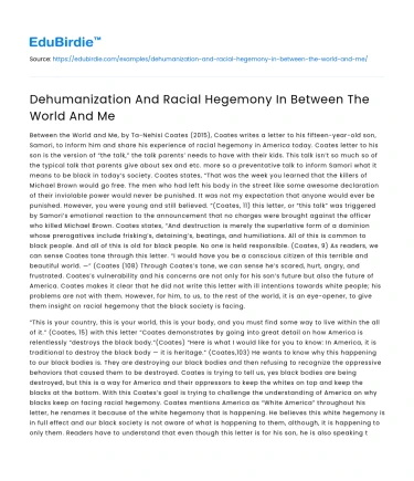 Dehumanization And Racial Hegemony In Between The World And Me