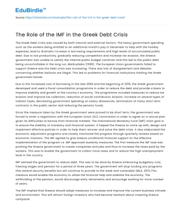 The Role of the IMF in the Greek Debt Crisis