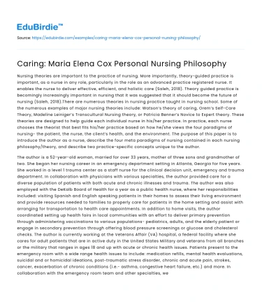 Caring: Maria Elena Cox Personal Nursing Philosophy