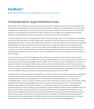 Overpopulation Argumentative Essay