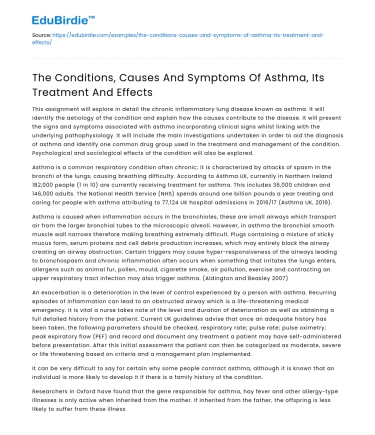 The Conditions, Causes And Symptoms Of Asthma, Its Treatment And Effects