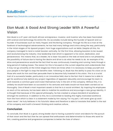 Elon Musk: A Good And Strong Leader With A Powerful Vision