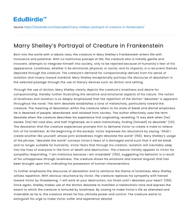 Marry Shelley’s Portrayal of Creature in Frankenstein