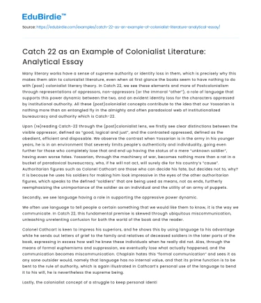 Catch 22 as an Example of Colonialist Literature: Analytical Essay