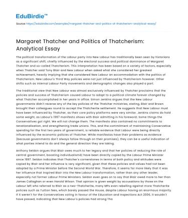 Margaret Thatcher and Politics of Thatcherism: Analytical Essay