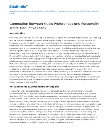 Music Preferences & Personality Traits: Deductive Essay