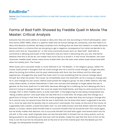 Bad Faith in Freddie Quell in The Master: Critical Analysis