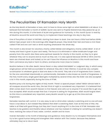 The Peculiarities Of Ramadan Holy Month