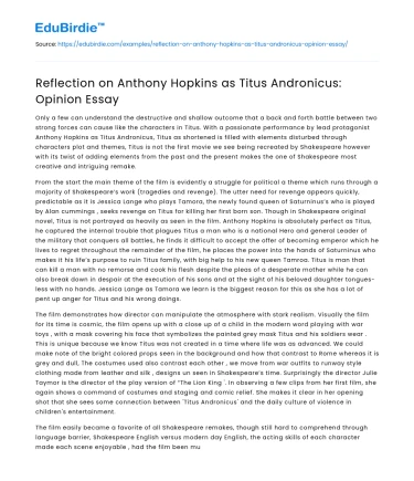 Reflection on Anthony Hopkins as Titus Andronicus: Opinion Essay