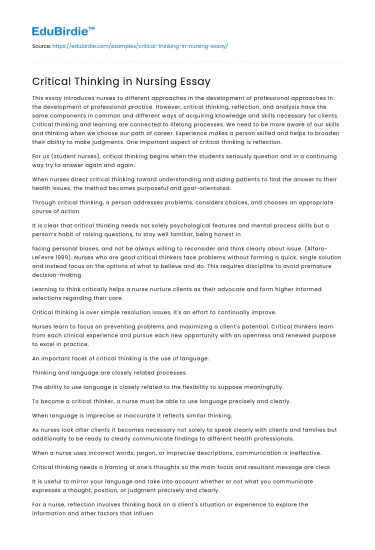 Critical Thinking in Nursing Essay