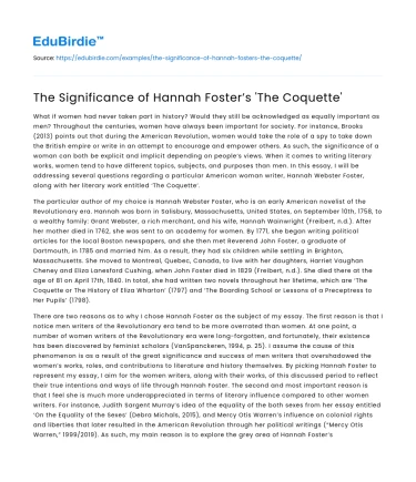 The Significance of Hannah Foster’s ‘The Coquette’