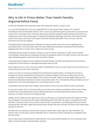 Why Is Life in Prison Better Than Death Penalty: Argumentative Essay