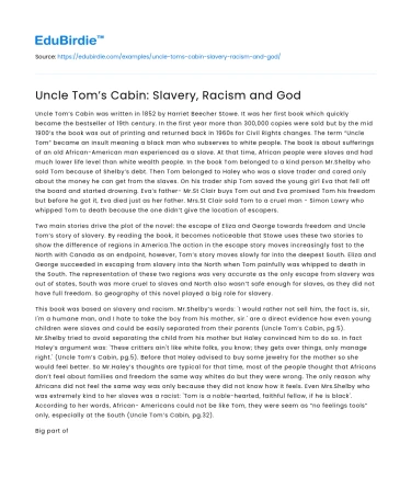 Uncle Tom’s Cabin: Slavery, Racism and God