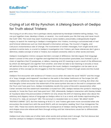 Crying of Lot 49: Oedipa’s Lifelong Search for Tristero Truth