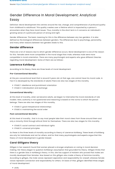 Gender Difference In Moral Development: Analytical Essay