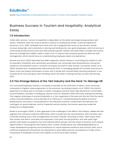 Business Success in Tourism and Hospitality: Analytical Essay